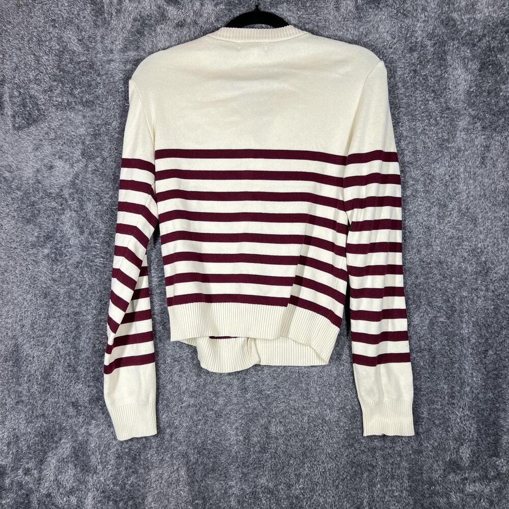 Evereve Cardigan Sweater Womens Large White Striped Button Front Crewneck Knit - Picture 2 of 8
